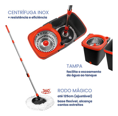 Mop Giratório 360° Profissional com Balde, Refil e Centrífuga Inox